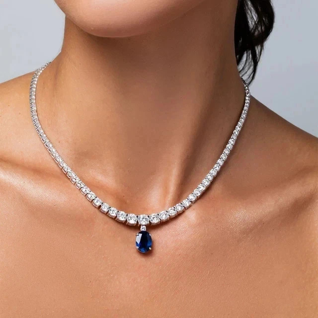 12Ct Oval Lab-Created Sapphire Women Choker Necklace 14k White Gold Plated 18′