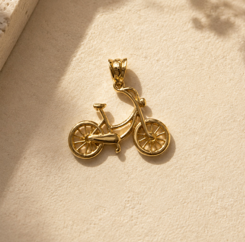 Real 14K Yellow Gold Bicycle Pendant Bike Charm Cyclist Sports Women Men Gift