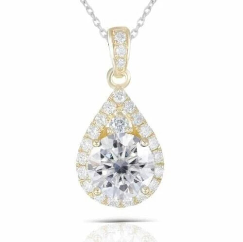 2.00Ct Lab Created Diamond Round Halo Pendant 18K Yellow Gold Silver Plated 16”