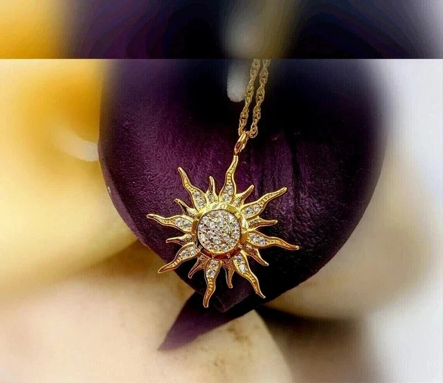 1.50 Ct Round Cut Real Moissanite Sun Pendant Necklace 14k Yellow Gold Plated