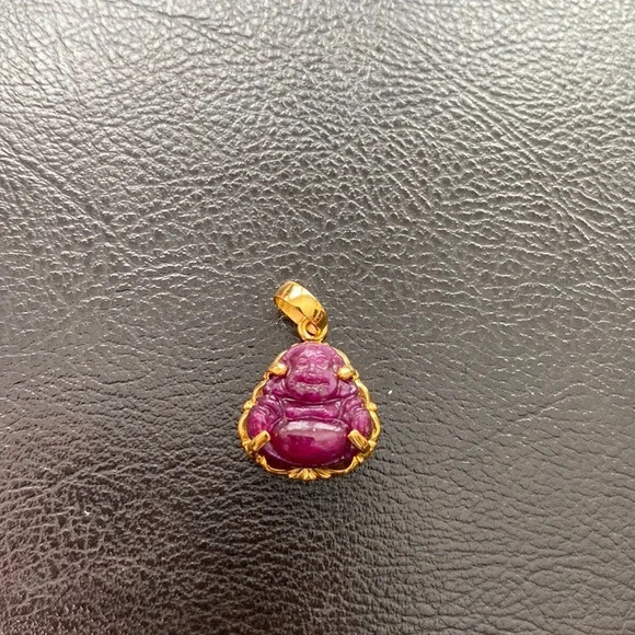14K Solid Real Gold Laughing Male Buddha Natural Ruby Carved Pendant – Kid Size