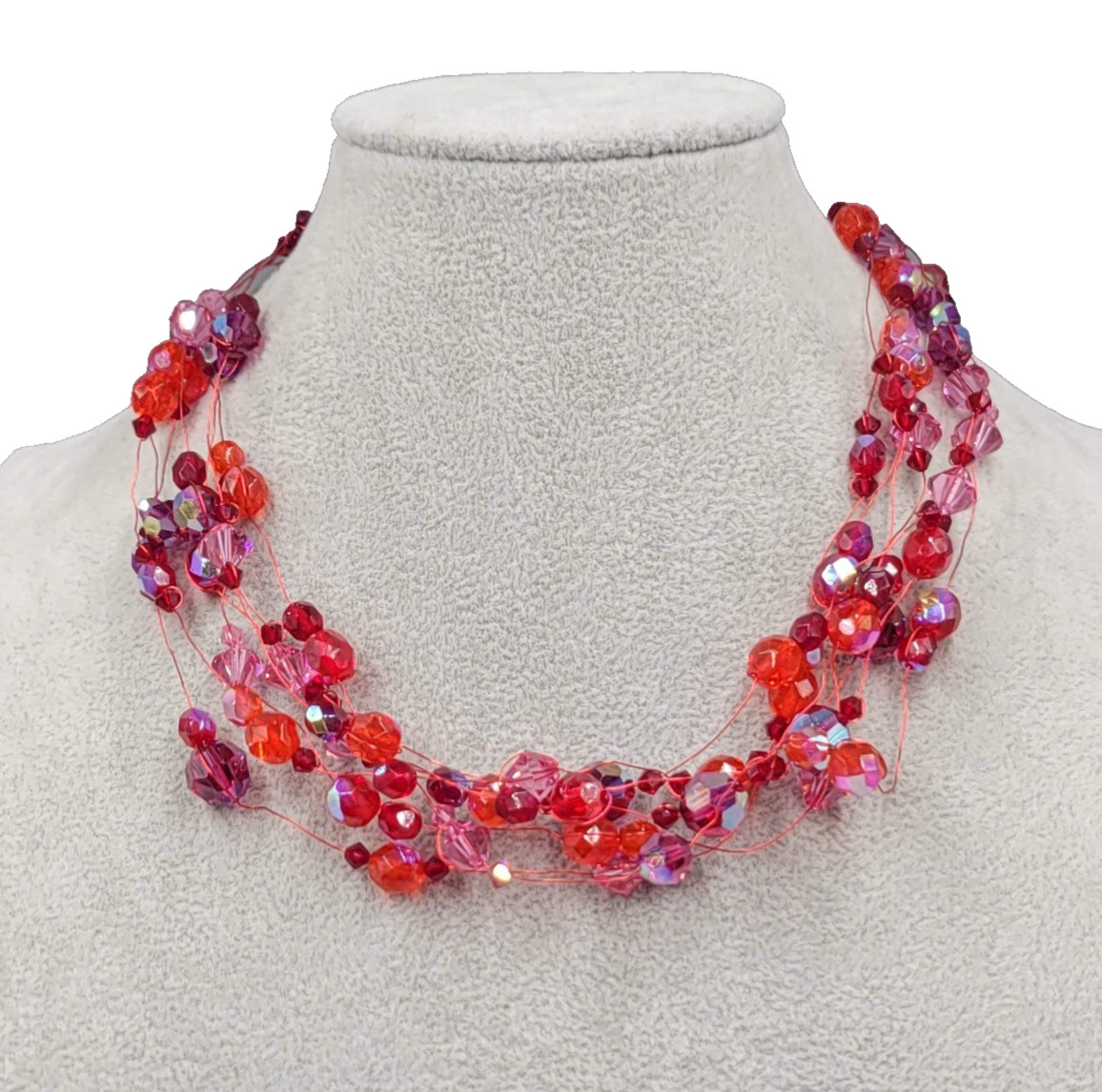 Sterling Silver Necklace 925 Red Glass Bead Layered Wire Multistrand 18″ adj