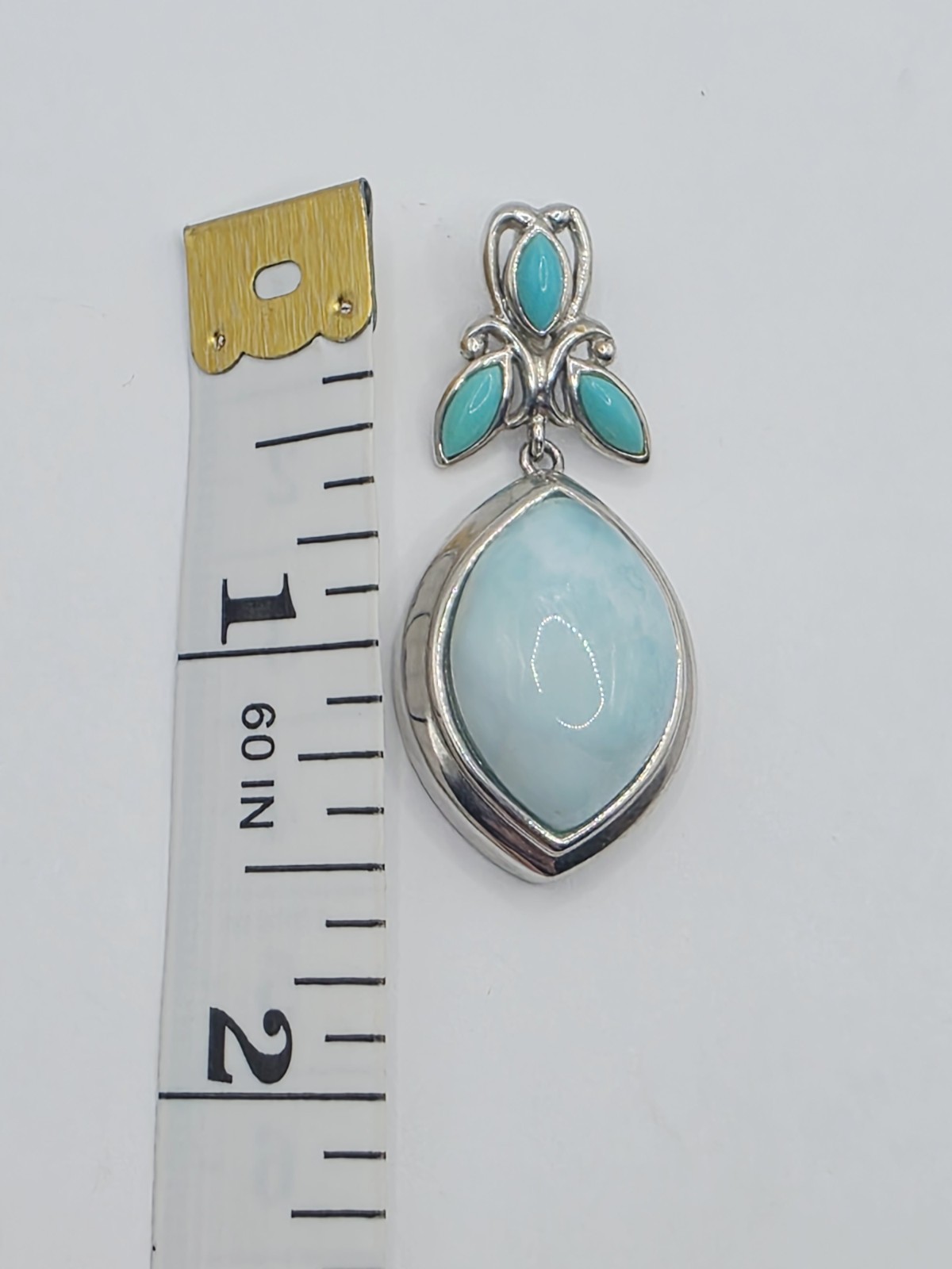 BBJ 925 Sterling Silver Larimar Pendant Thailand Blue Gemstone 9.2g Floral Leaf