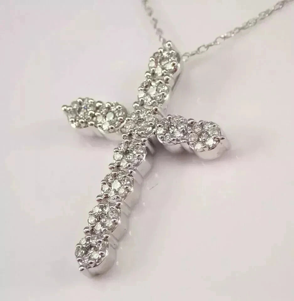1.50 Ct Round Lab Created Diamond Cross Pendant 14K White Gold Plated Free Chain