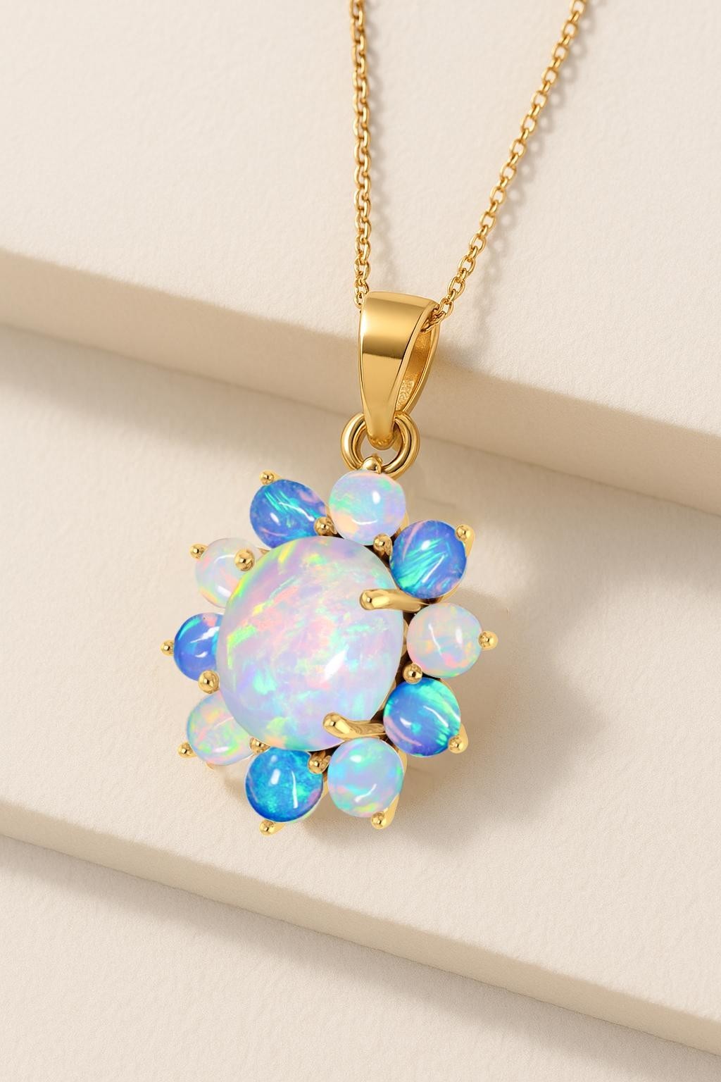 Natural White and Blue Opal Gemstone Pendant Necklace, Multifire Opal Gemstone