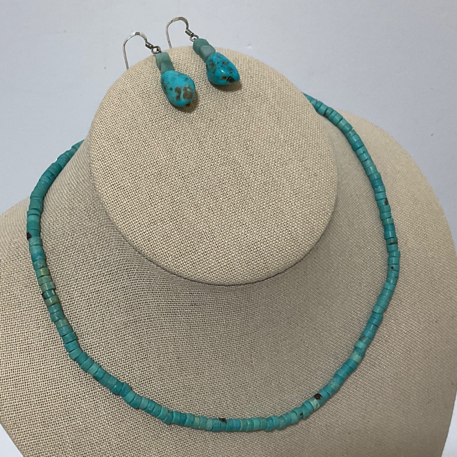 Artisan Turquoise Heishi Bead Collar Necklace Sterling Silver Gift Earrings 925