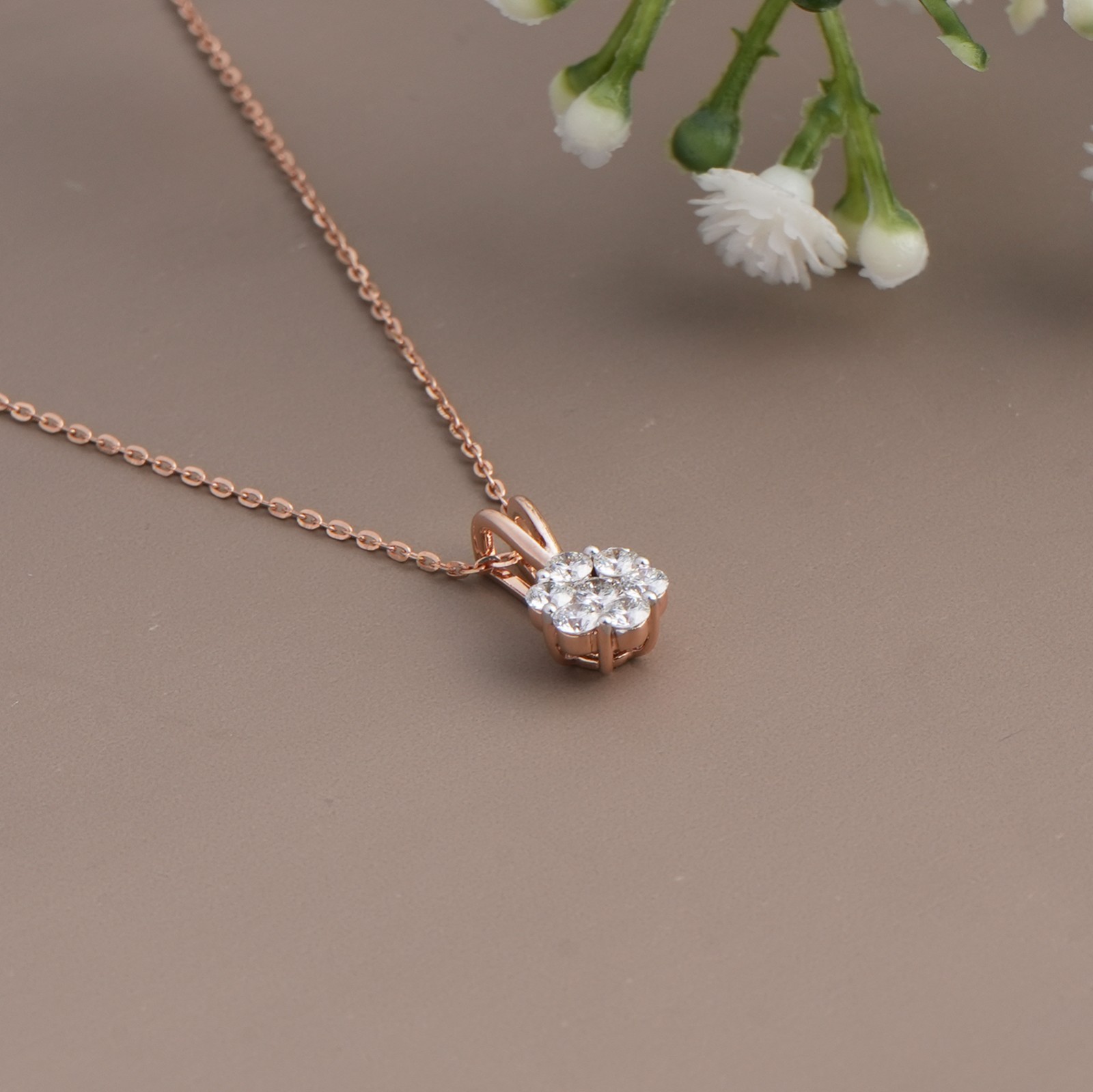 925 Sterling Silver Rose Gold Diamond Cluster Pendant Round Cut Flower Shape