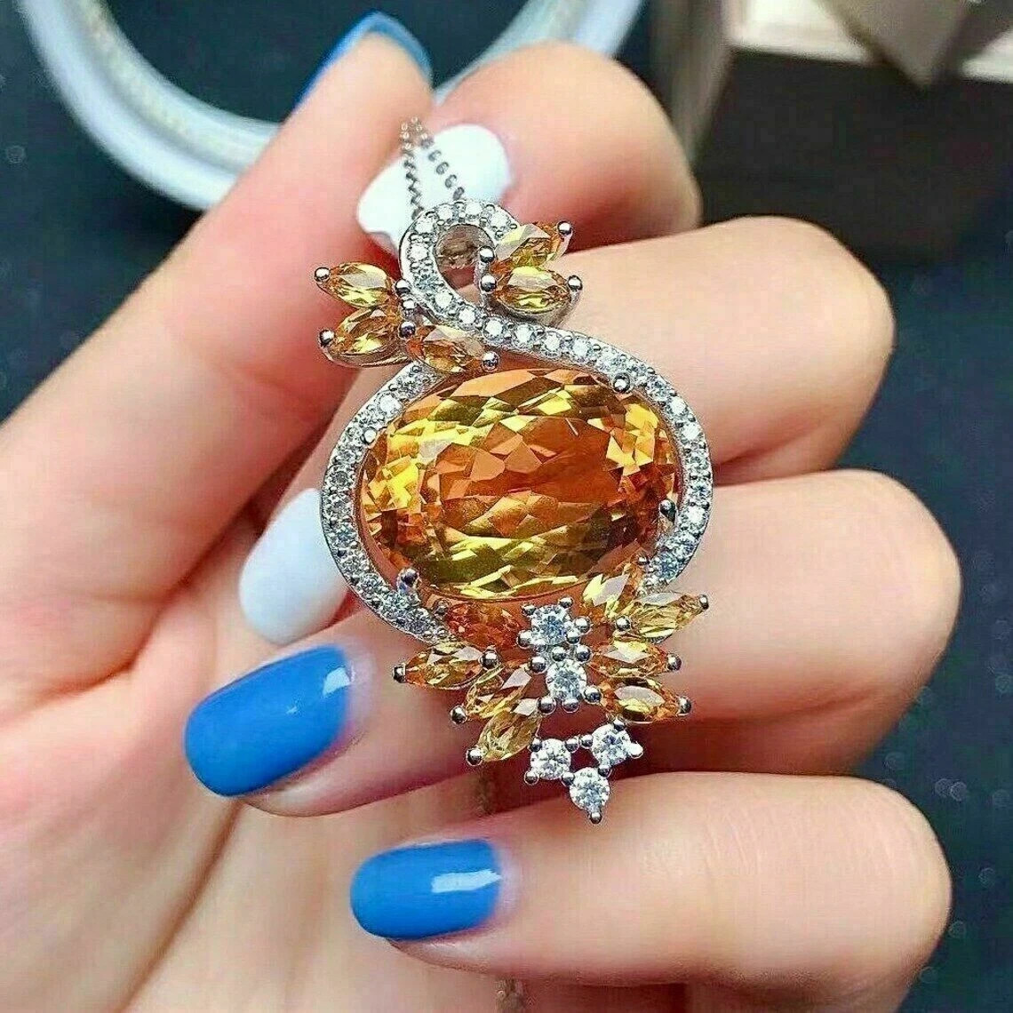 3Ct Oval Simulated Citrine Designer Pendent 14K White Gold Finish