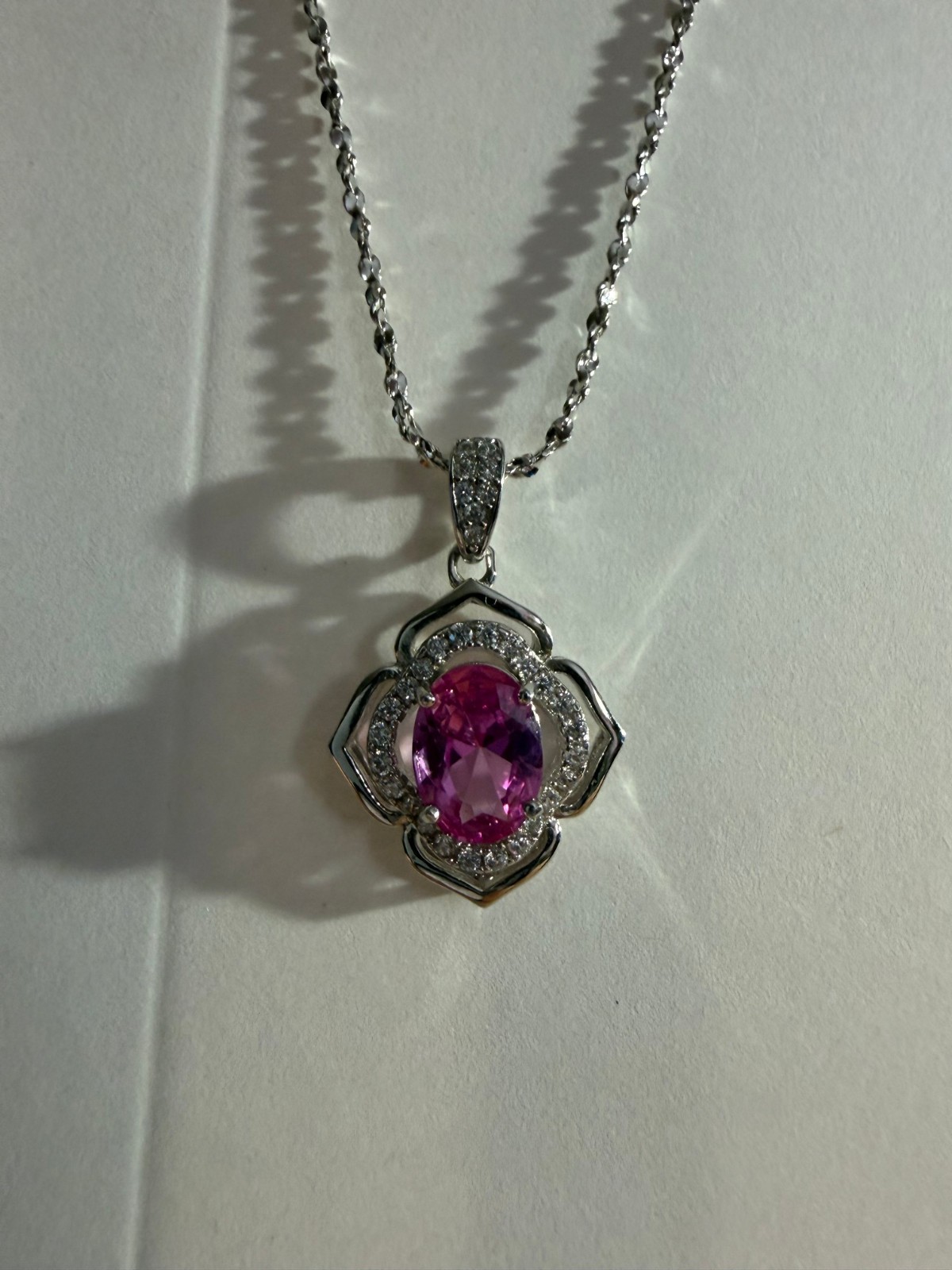 Lab Grown Pink Tourmaline SS Pendant on 18 inch SS Chain – Preowned, Excellent