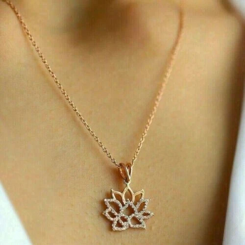1Ct Round Cut Diamond Lotus Flower Pendant 14K Rose Gold Finish 18” Free Chain