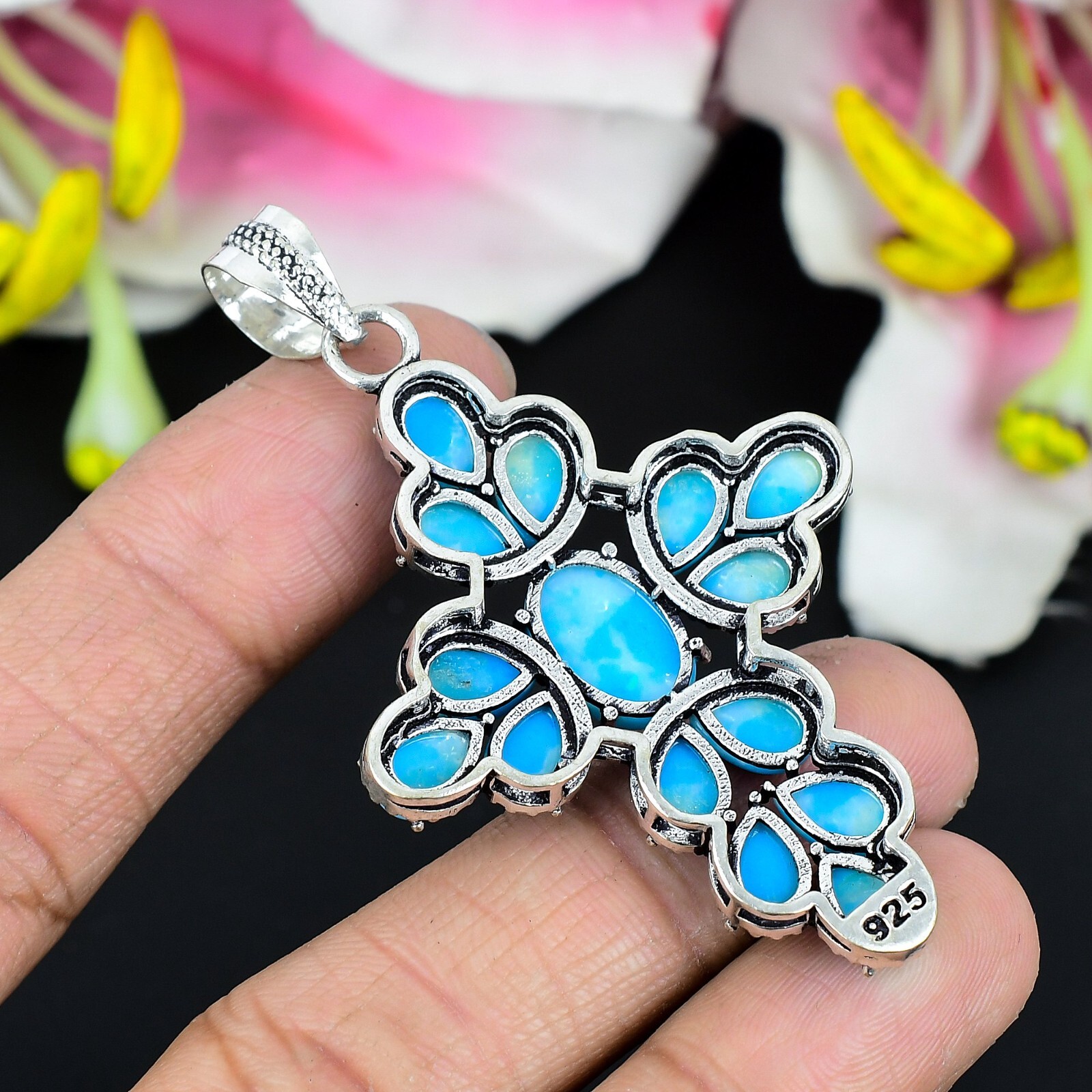 Blue Turquoise Gemstone 925 Sterling Silver Jewelry Boho For Gift Pendant – 2″