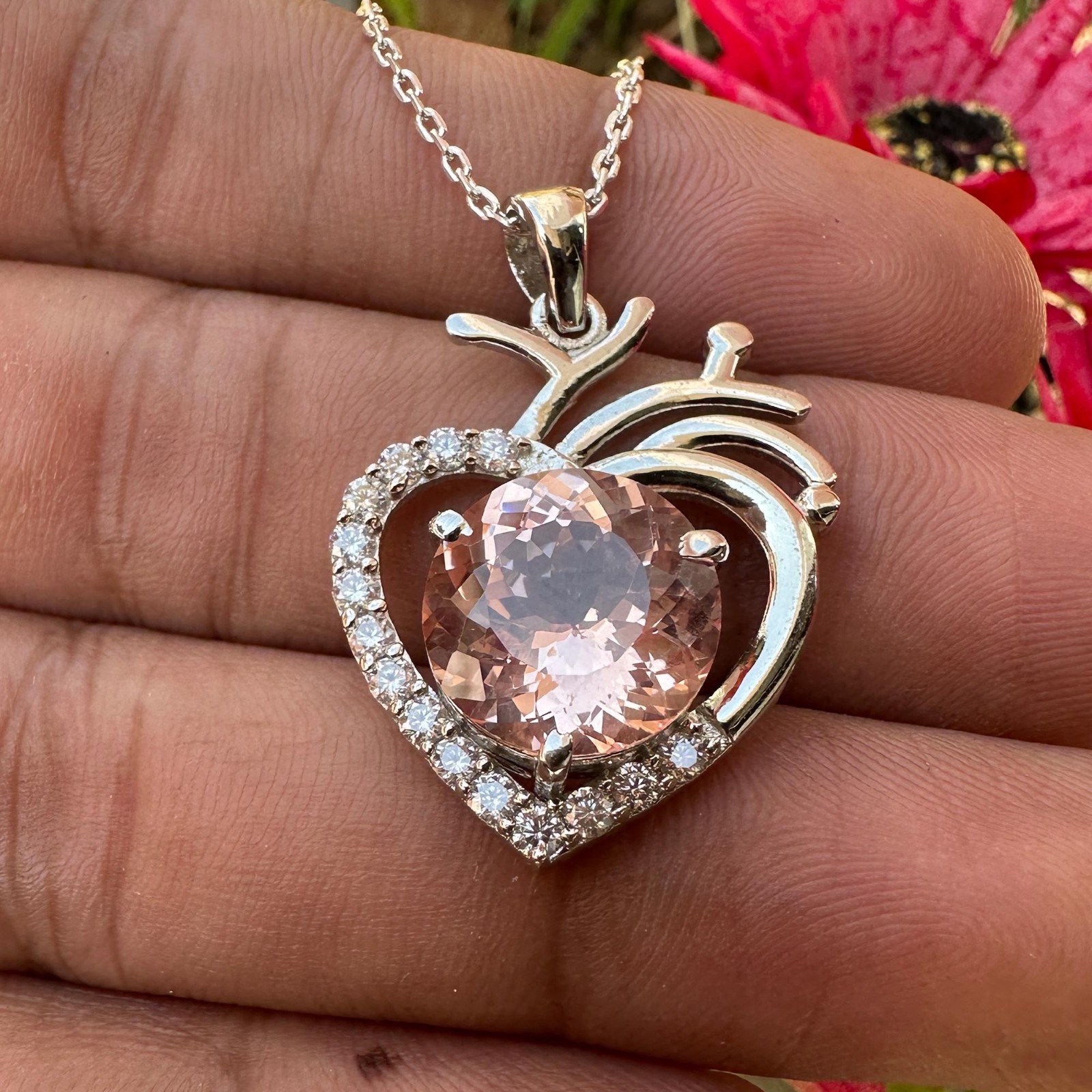 Certified Padparadscha Sapphire 30 Ct Heart Pendant Necklace 925 Sterling Silver