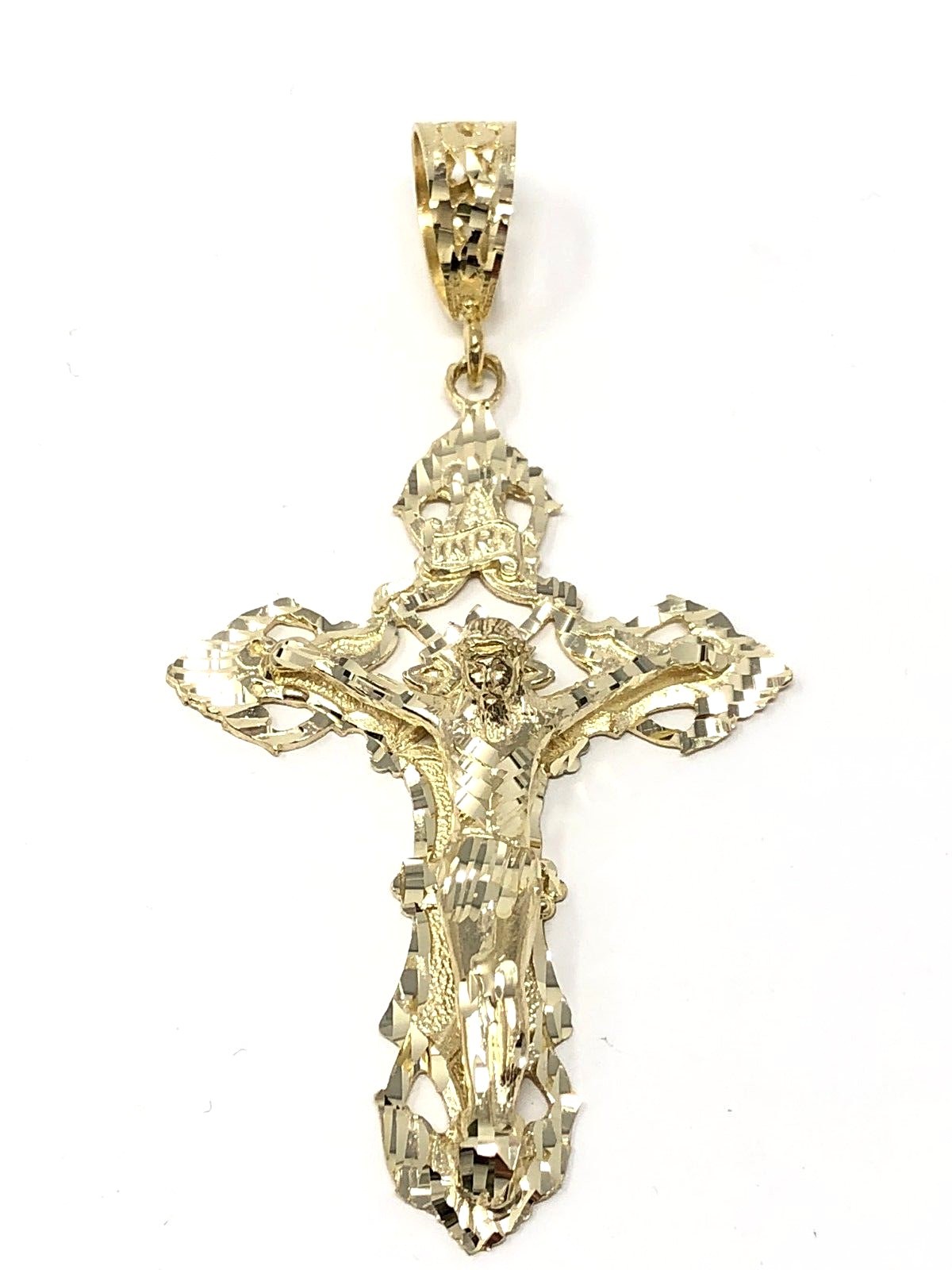 14k Yellow Gold Religious INRI Jesus Christ 3D Big Cross Pendant 3.36″ 16.4grams