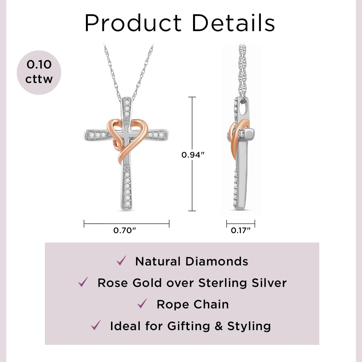 Cross Heart Necklace Pendant in Yellow Gold or Rose Gold over Sterling Silver wi