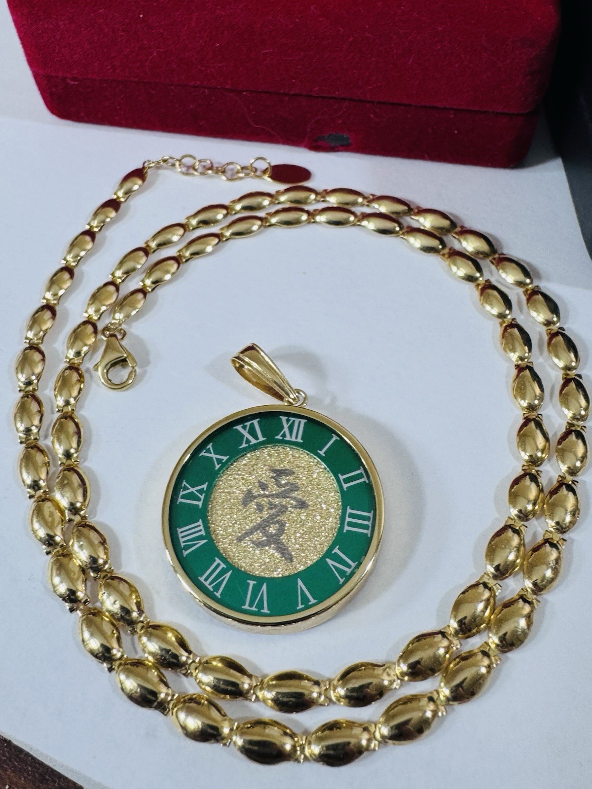 K18 Japan Gold Round Green Love Pendant W/ Necklace 17/17.5” Long 15g 4mm