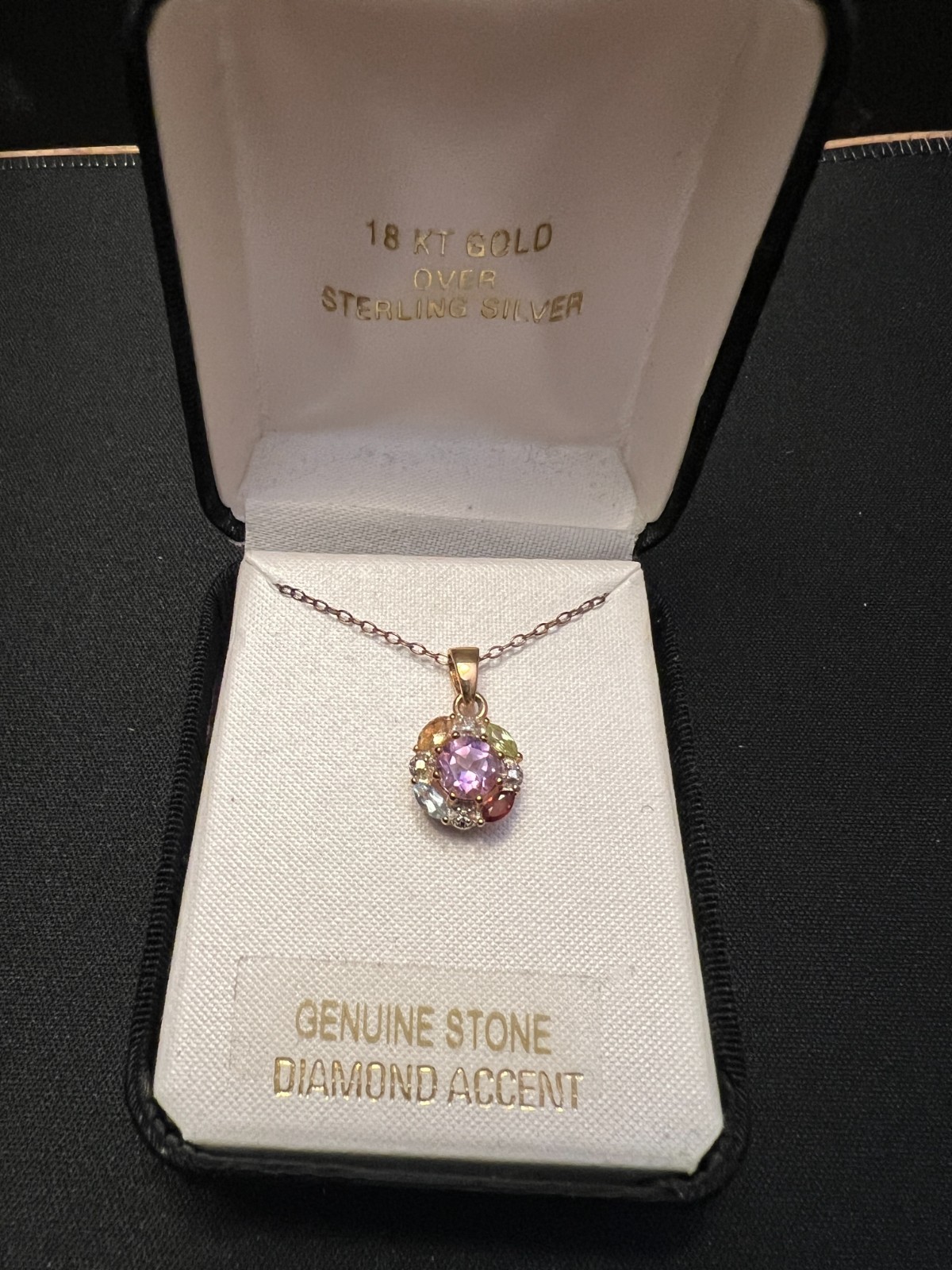 Gold Over Sterling Silver Multi Gemstone Cluster Pendant Necklace 18″ Box Chain