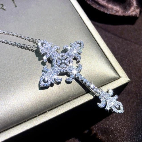 3.00Ct Round Cut Lab Created Diamond Women’s Cross Pendant 14K White Gold Plated