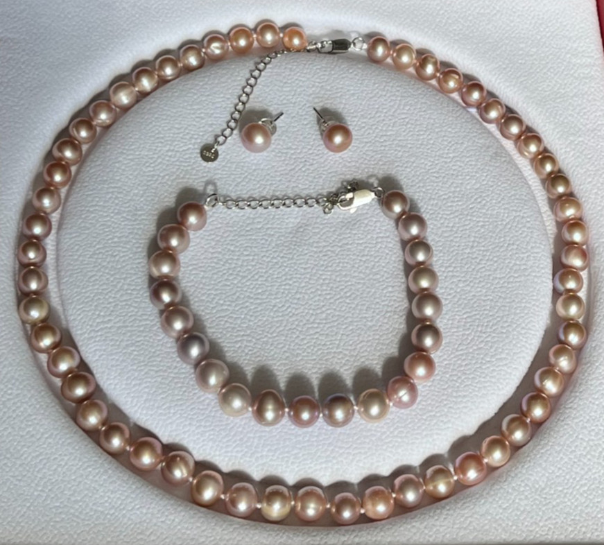 7.4mm-8.5mm Lavender Pearl Necklace Bracelet Earrings Set 45-50/19-24cm S925