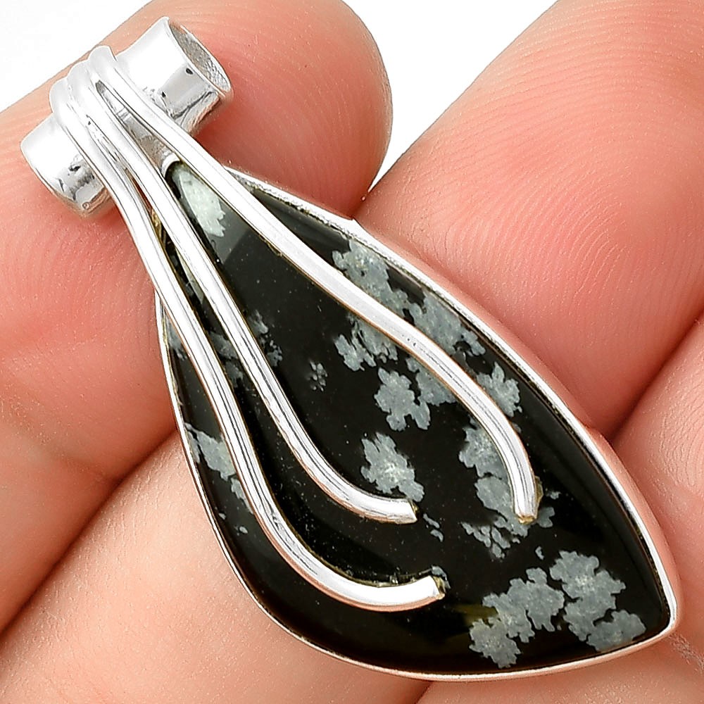 Natural Snow Flake Obsidian 925 Sterling Silver Pendant Jewelry P-1675