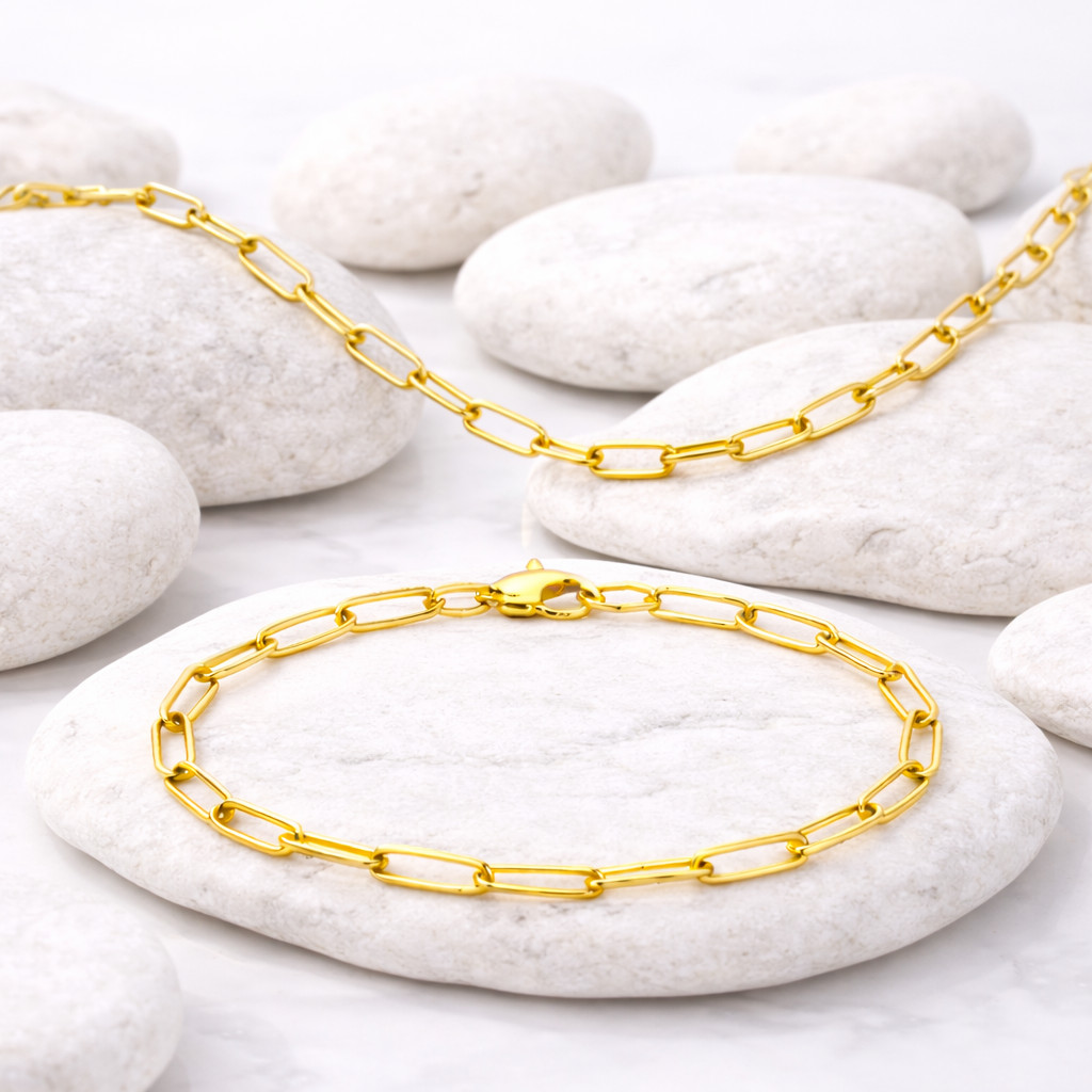 Italian 1/200 14k Yellow Gold Overlay Paperclip Chain Necklace Bracelet Set