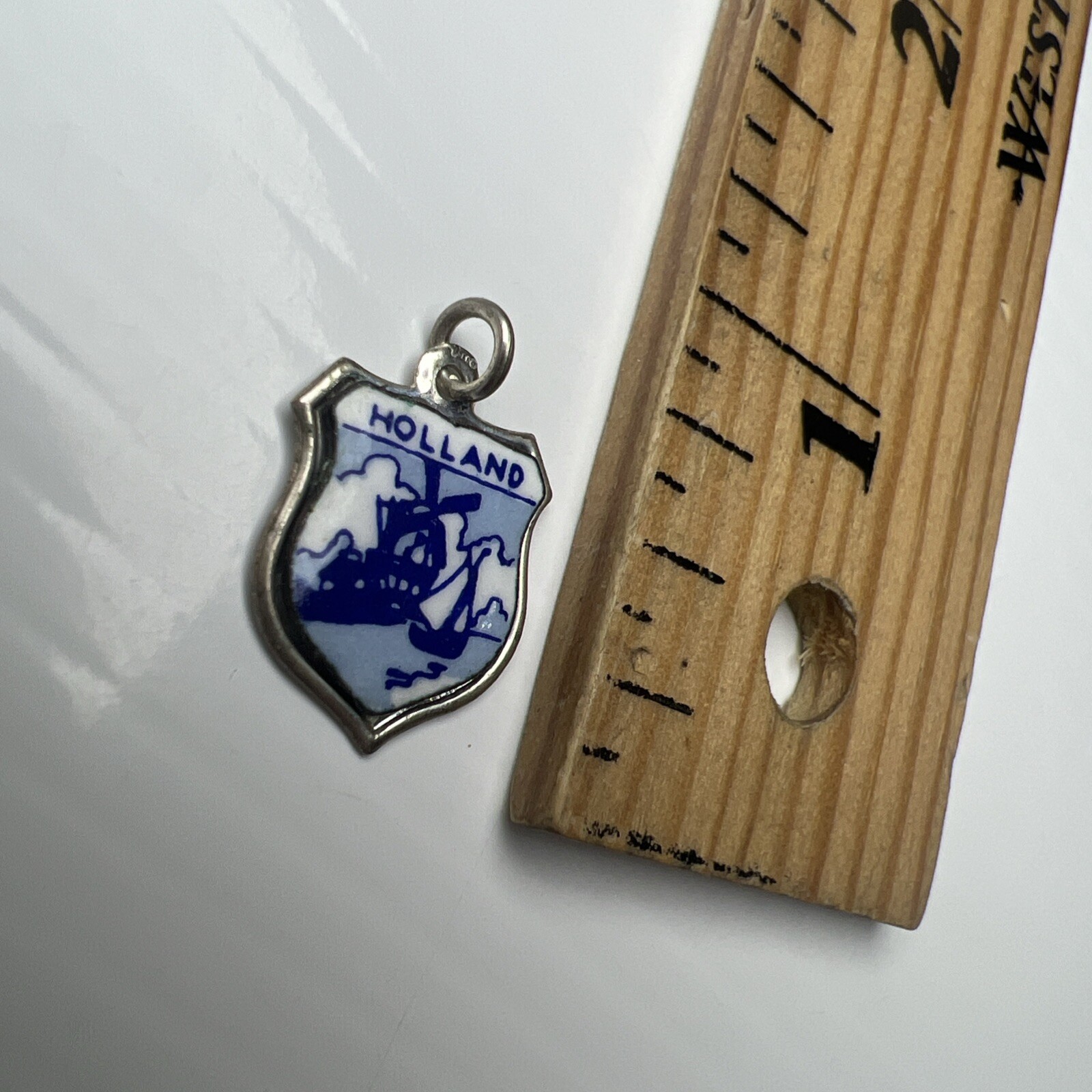 835 Sterling Silver Retro Pendant Charm Holland Enamel Windmill Blue Shield