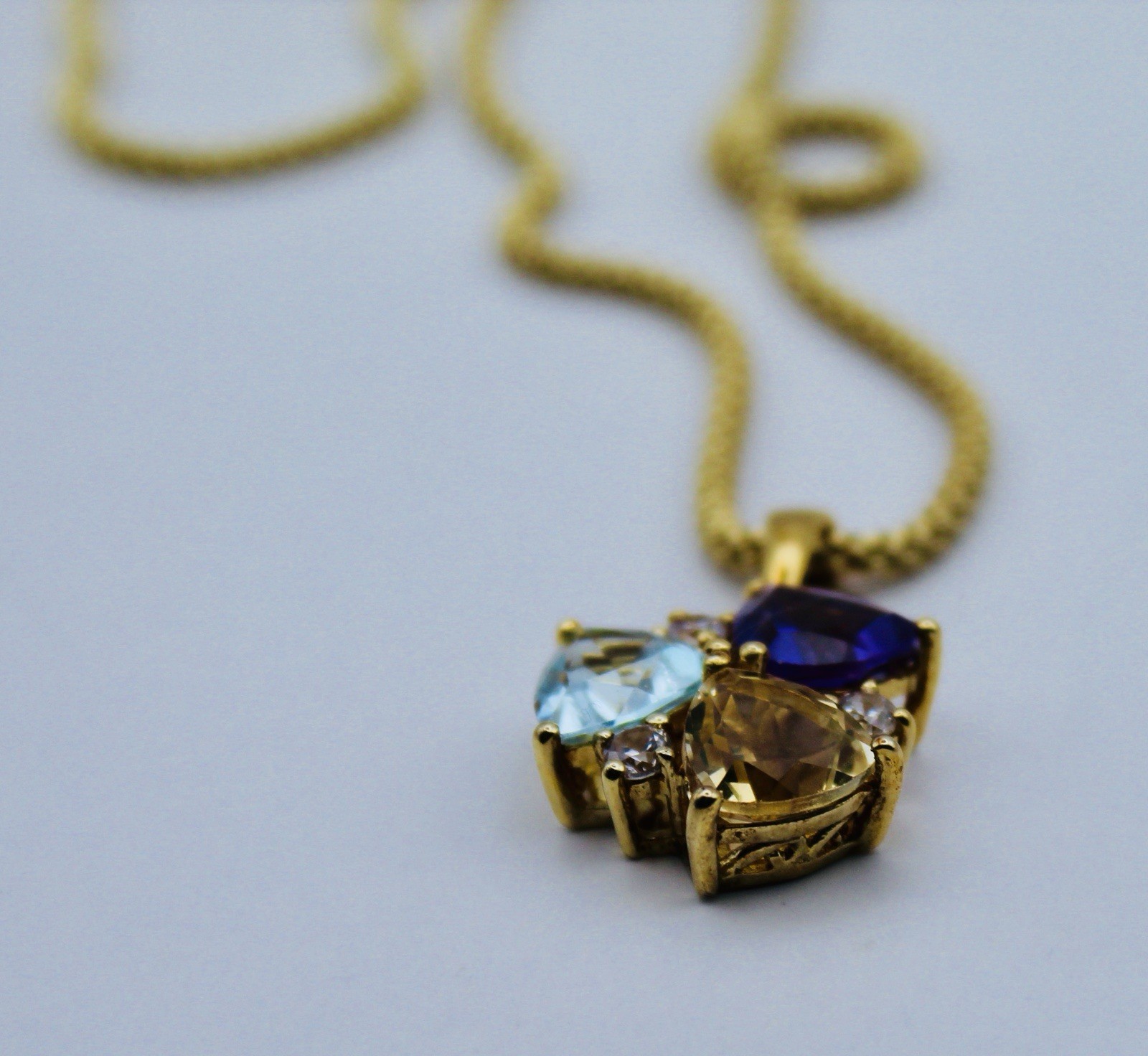 Topaz, Citrine, Amethyst and natural Cambodian Zircon Pendant & Chain 14K OL SS