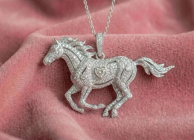 2.20Ct Round Cut Real Moissanite Horse Men’s Charm Pendant 14K White Gold Plated
