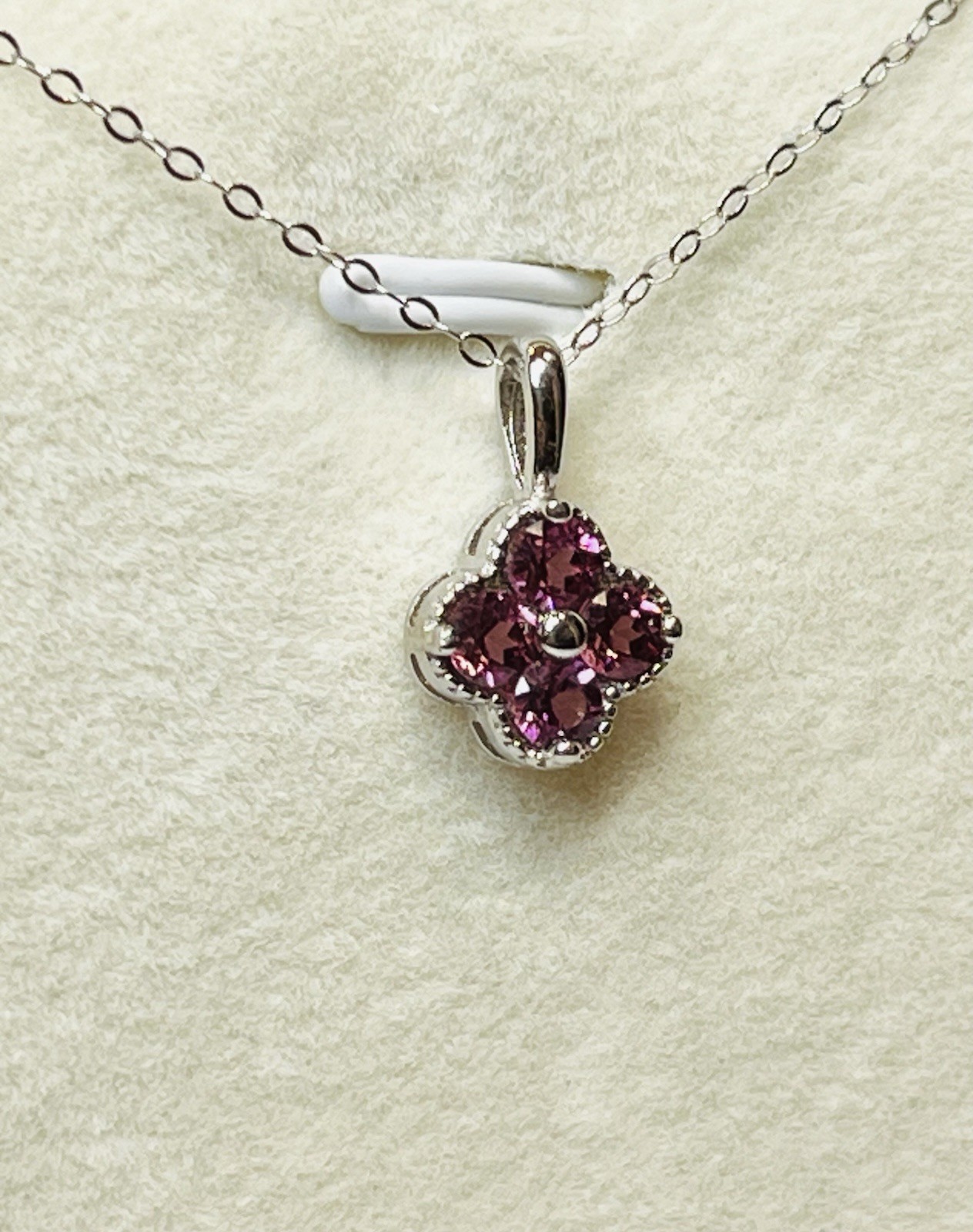 Real 925 Sterling Silver Natural Rhodolite Purple Garnet Clover Pendant Necklace