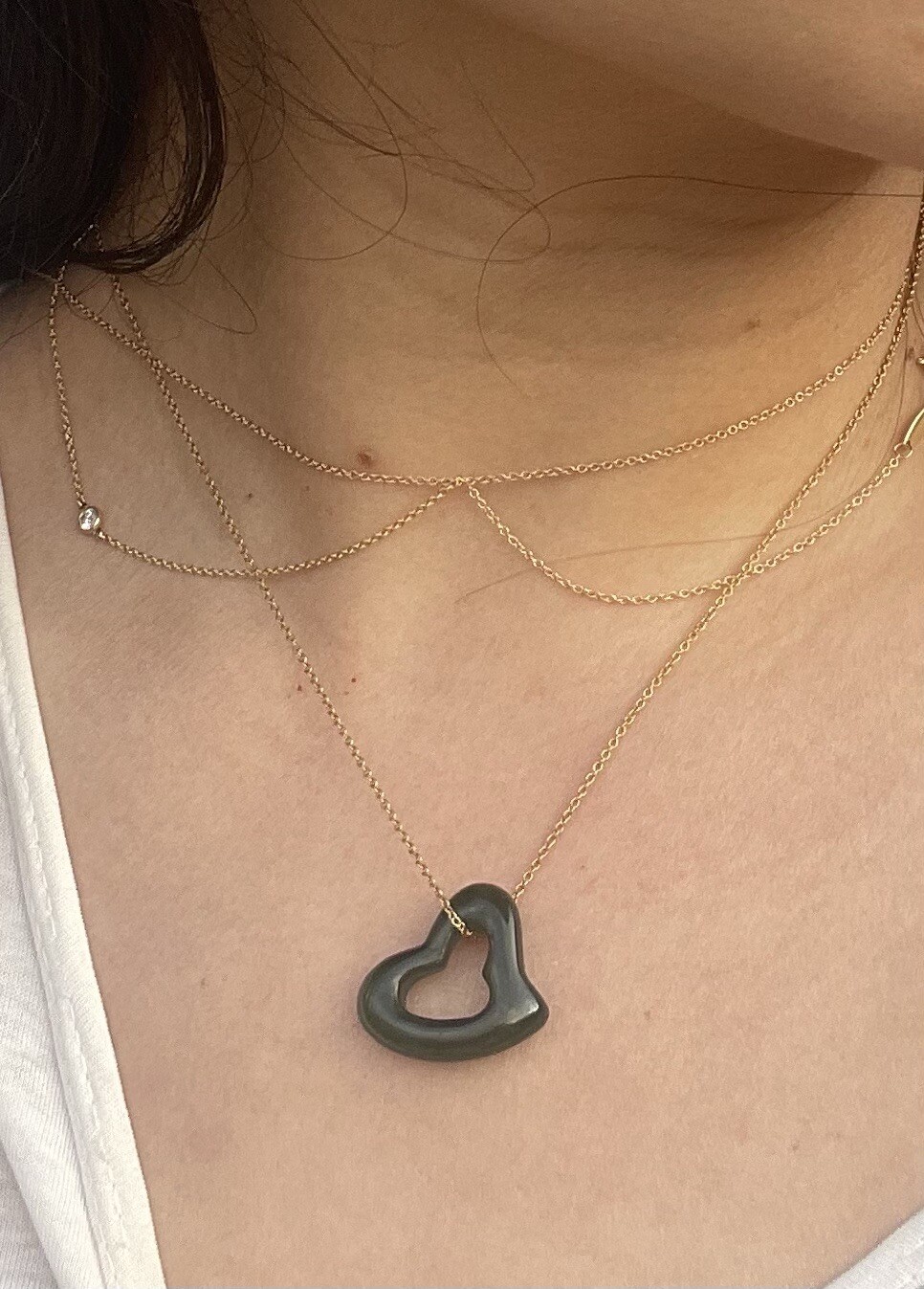 Tiffany & Co. 18k Gold LARGE Elsa Peretti Green Jade Open Heart Pendant Necklace