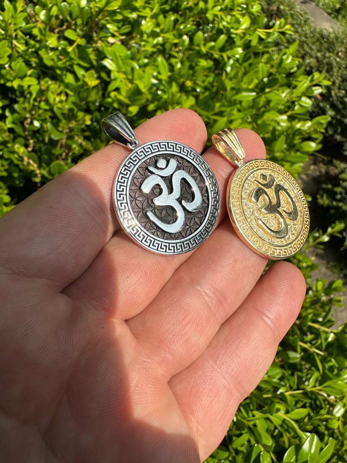 Real 925 Silver / 14k Gold Plated Ohn Hindu Om Big 1″ Medallion Pendant Necklace