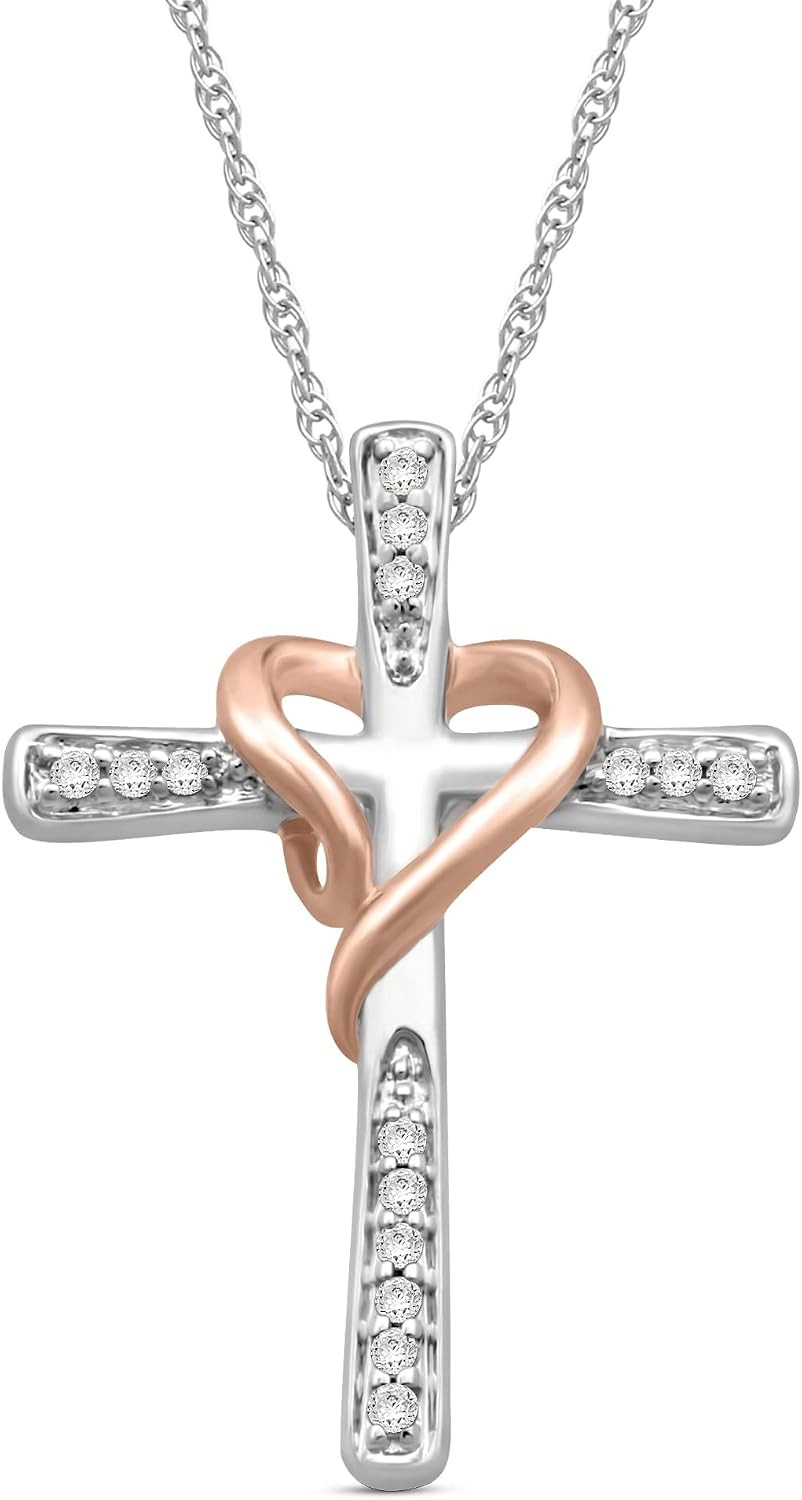 Cross Heart Necklace Pendant in Yellow Gold or Rose Gold over Sterling Silver wi
