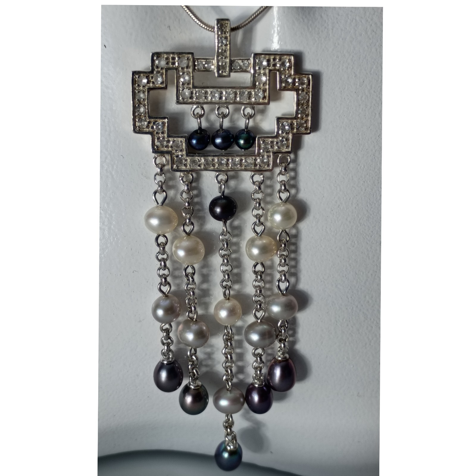 925 Sterling Silver & Pearl Deco Style Dangle Pendant Necklace 19″
