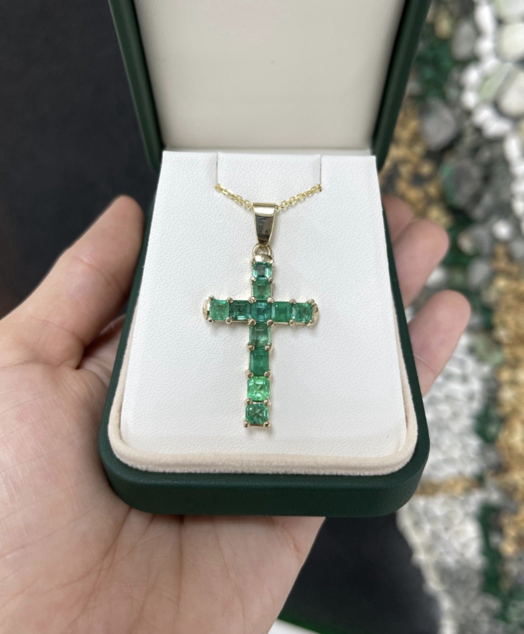 Emerald Gold Cross Pendant 14k Solid Yellow Gold Natural Emerald Pendant
