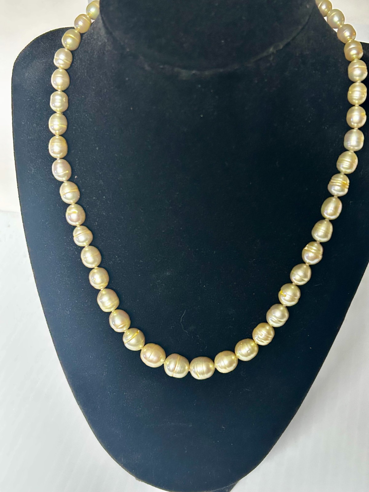 Natural Kiwi Graduated Ringed Pearl Necklace approx 17 in w Silver Tone Clasp