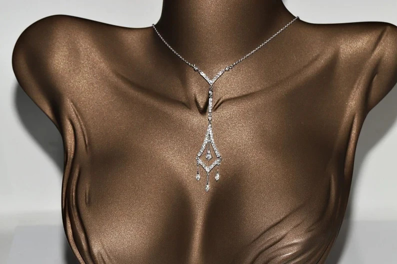 Vintage Style Women’s Elegant Necklace Real Moissanite 14K White Gold Over, 18″