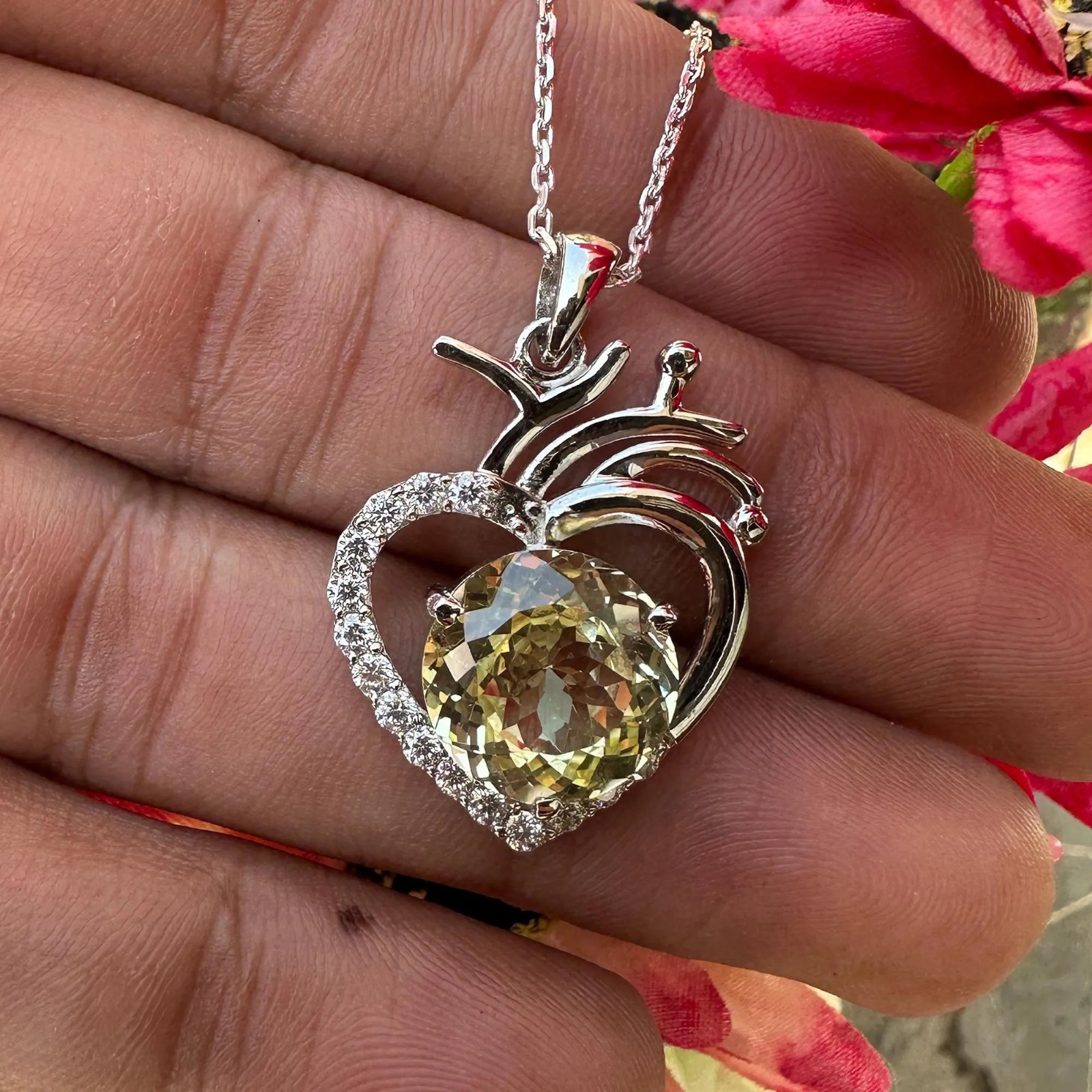 Certified Yellow Sapphire 30 Ct Heart Pendant Necklace 925 Sterling Silver