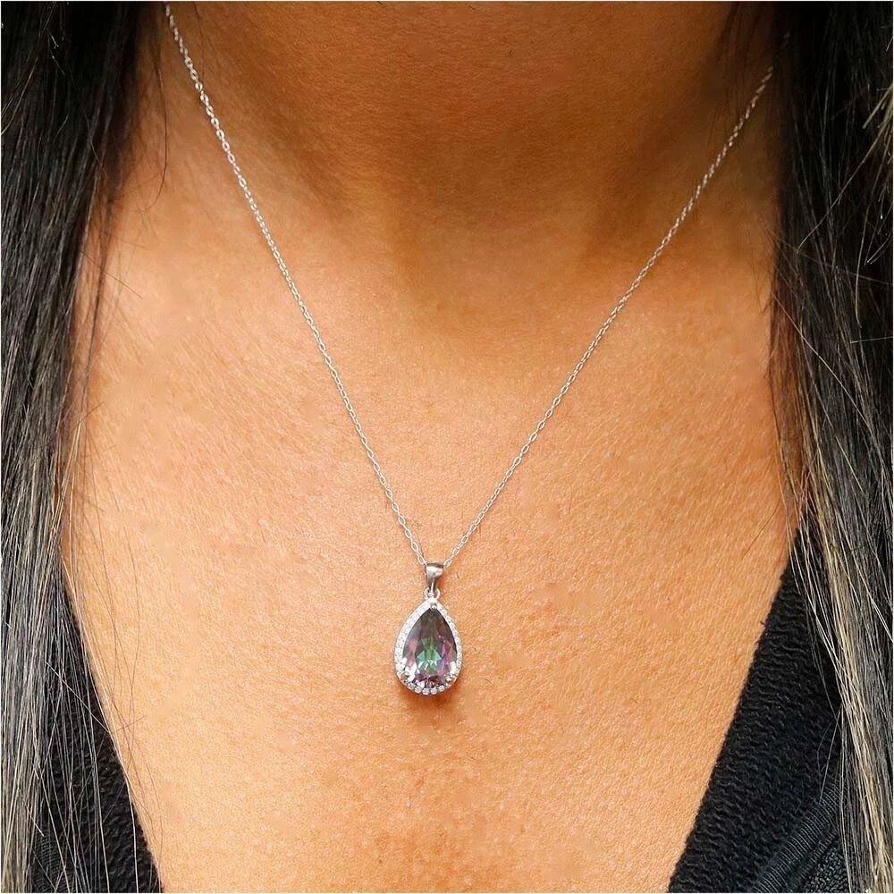 Women’s 925 Sterling Silver 4.00 CTTW Mystic Topaz Pear Cut Pendant Necklace 18″