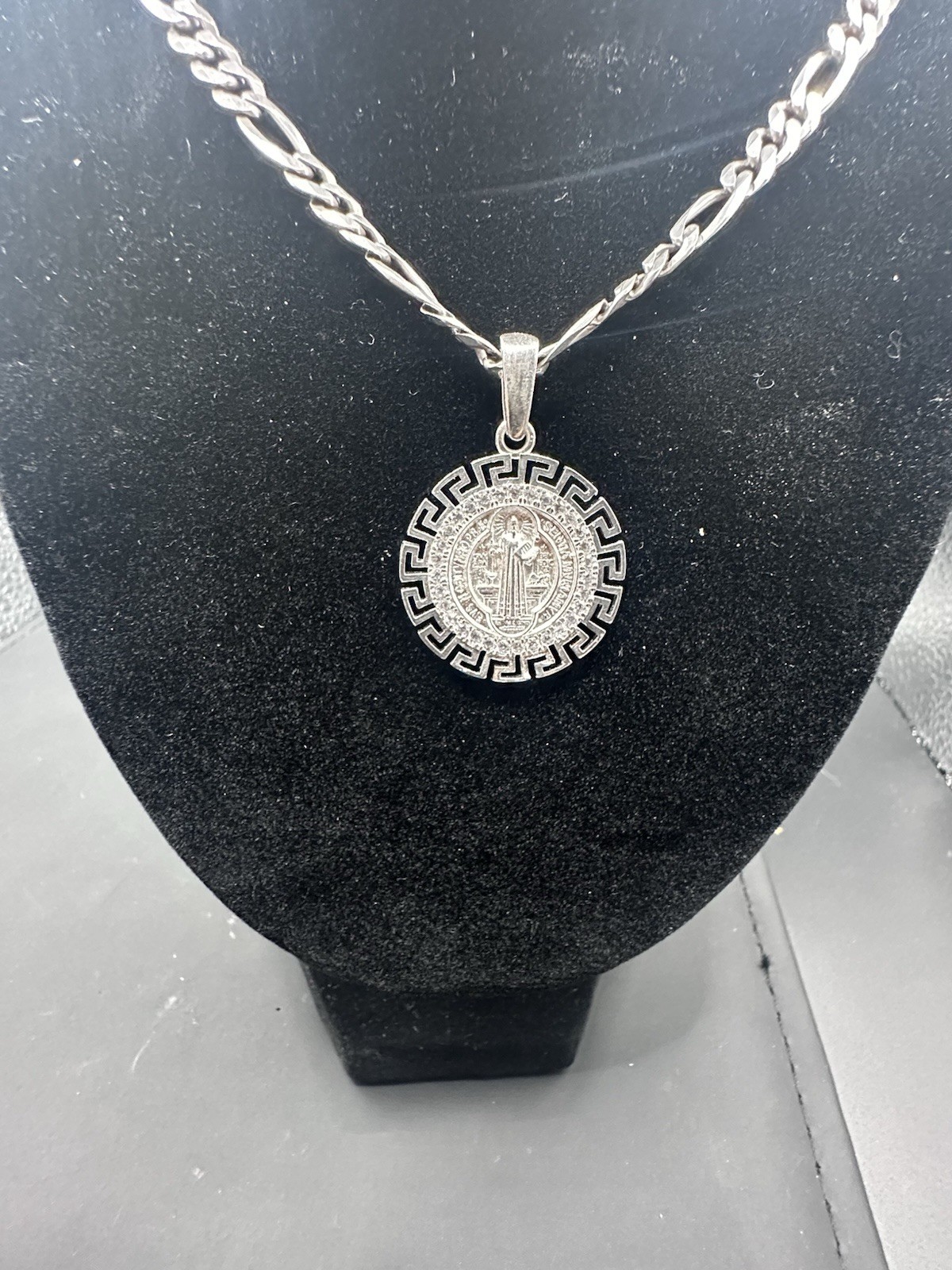 Sterling Silver Saint Benedict Medallion Necklace W/greek Key & Natural Diamonds