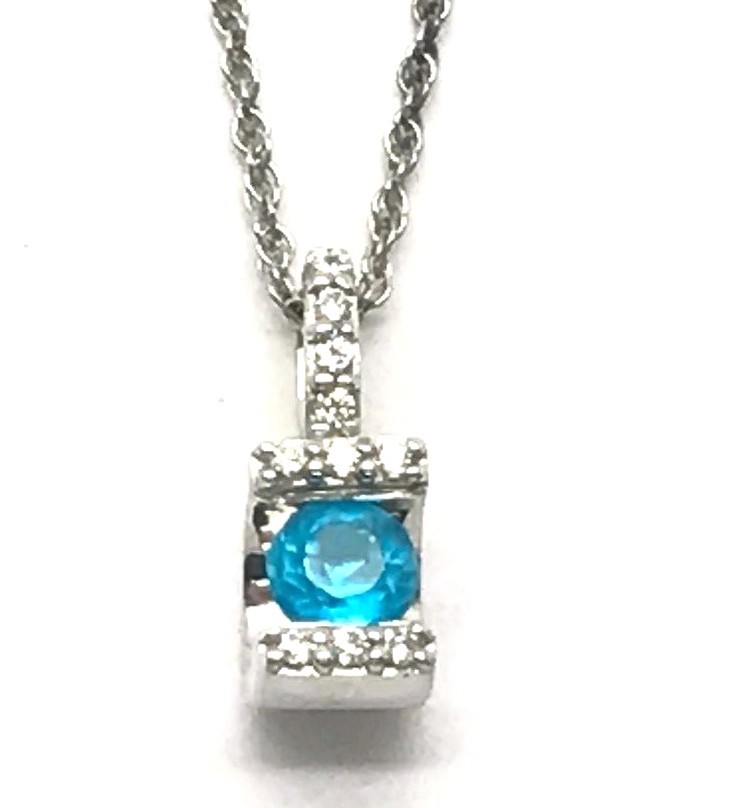 Silver 925 Opaque Round Blue Topaz – CZ Pave Channel Set Mesh Chain Necklace 18″
