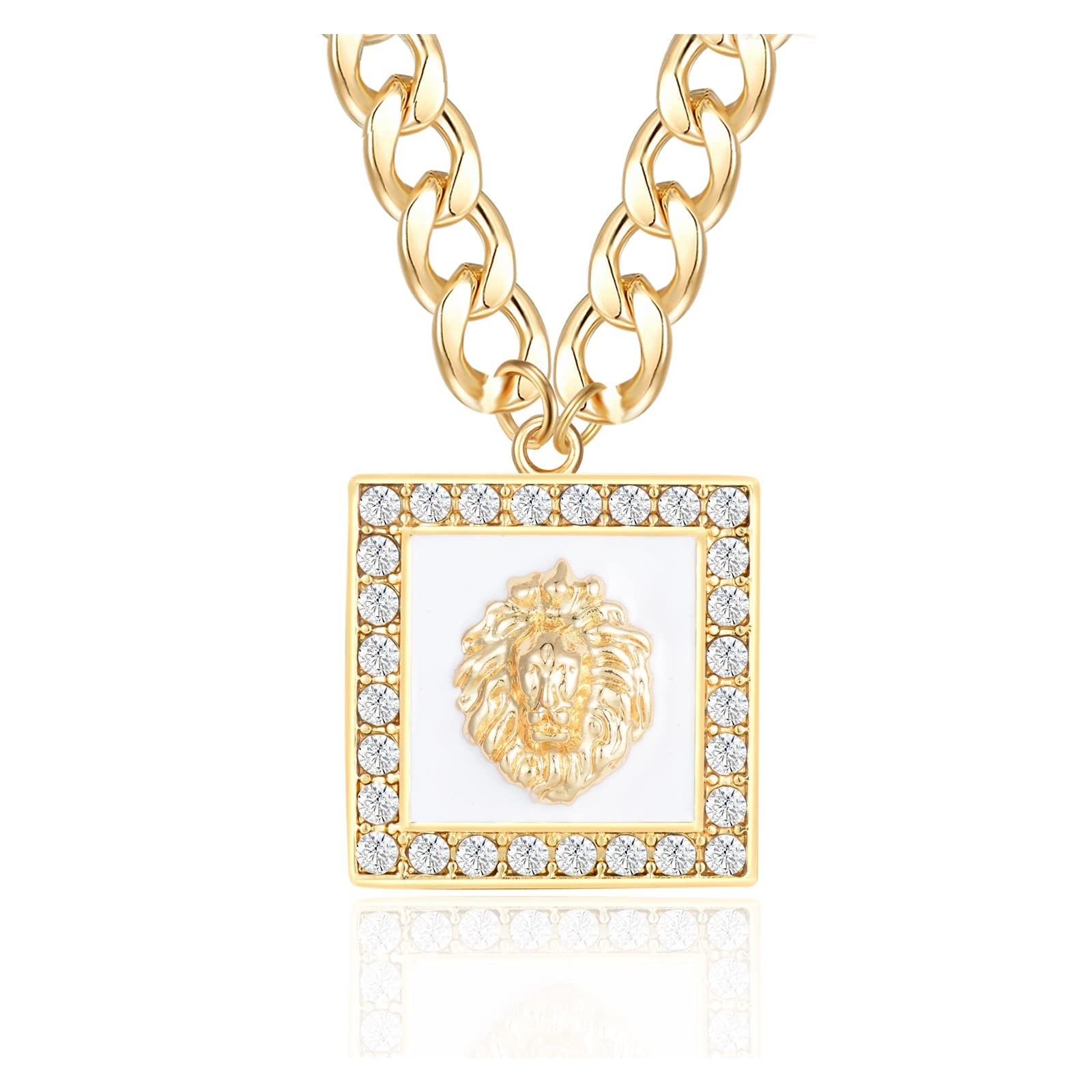 Hip Hop Statement Crystal Lion Head Square Pendant Necklace Women’s Chunky Chain