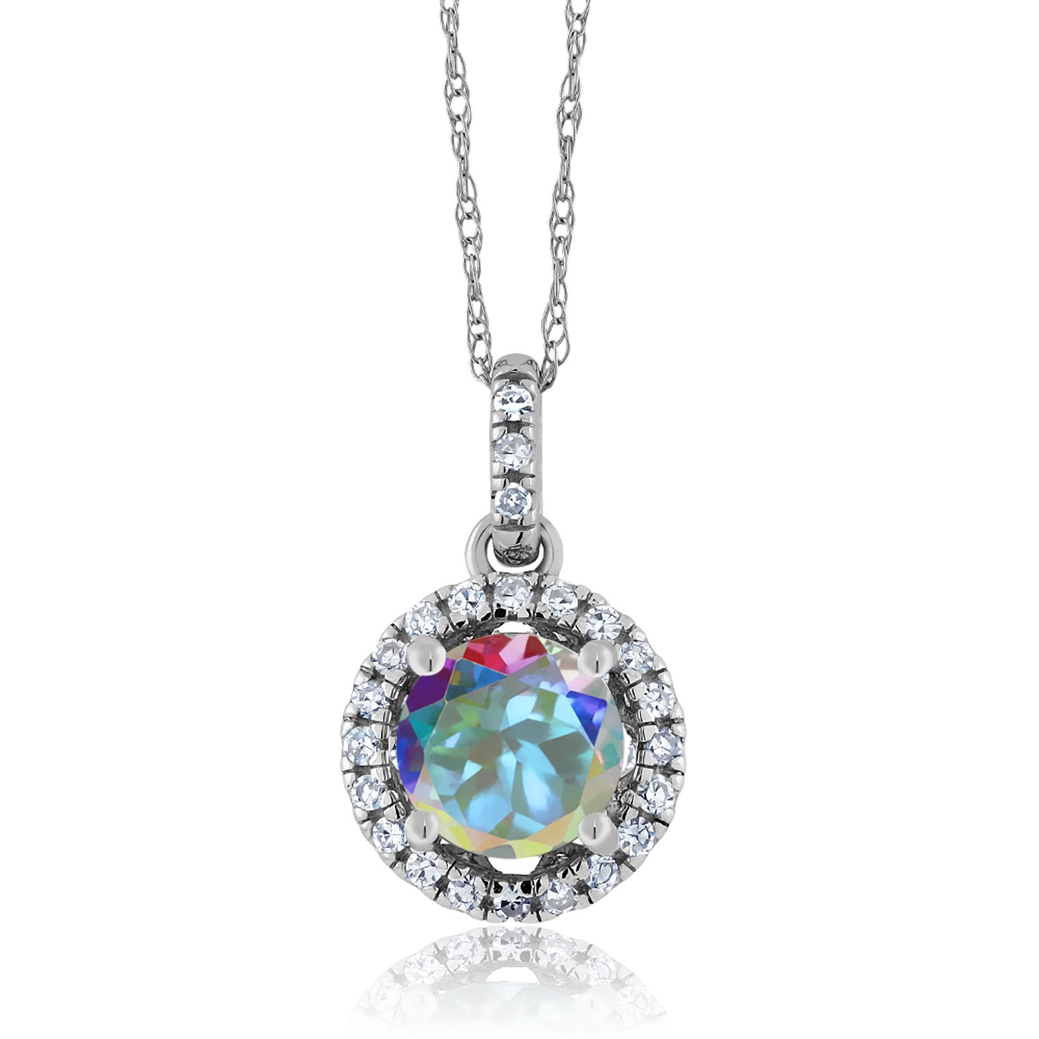 1.17 Ct Round Mercury Mist Mystic Topaz White Diamond 14K White Gold Pendant