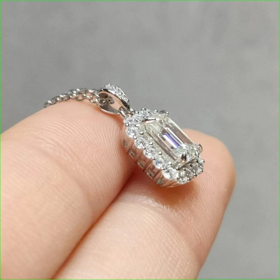 2.00Ct Lab Created Diamond Emerald Halo Pendant 14K White Gold Plated Free Chain