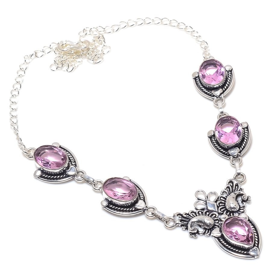 Pink Kunzite Gemstone Handmade 925 Sterling Silver Jewelry Necklace 18″