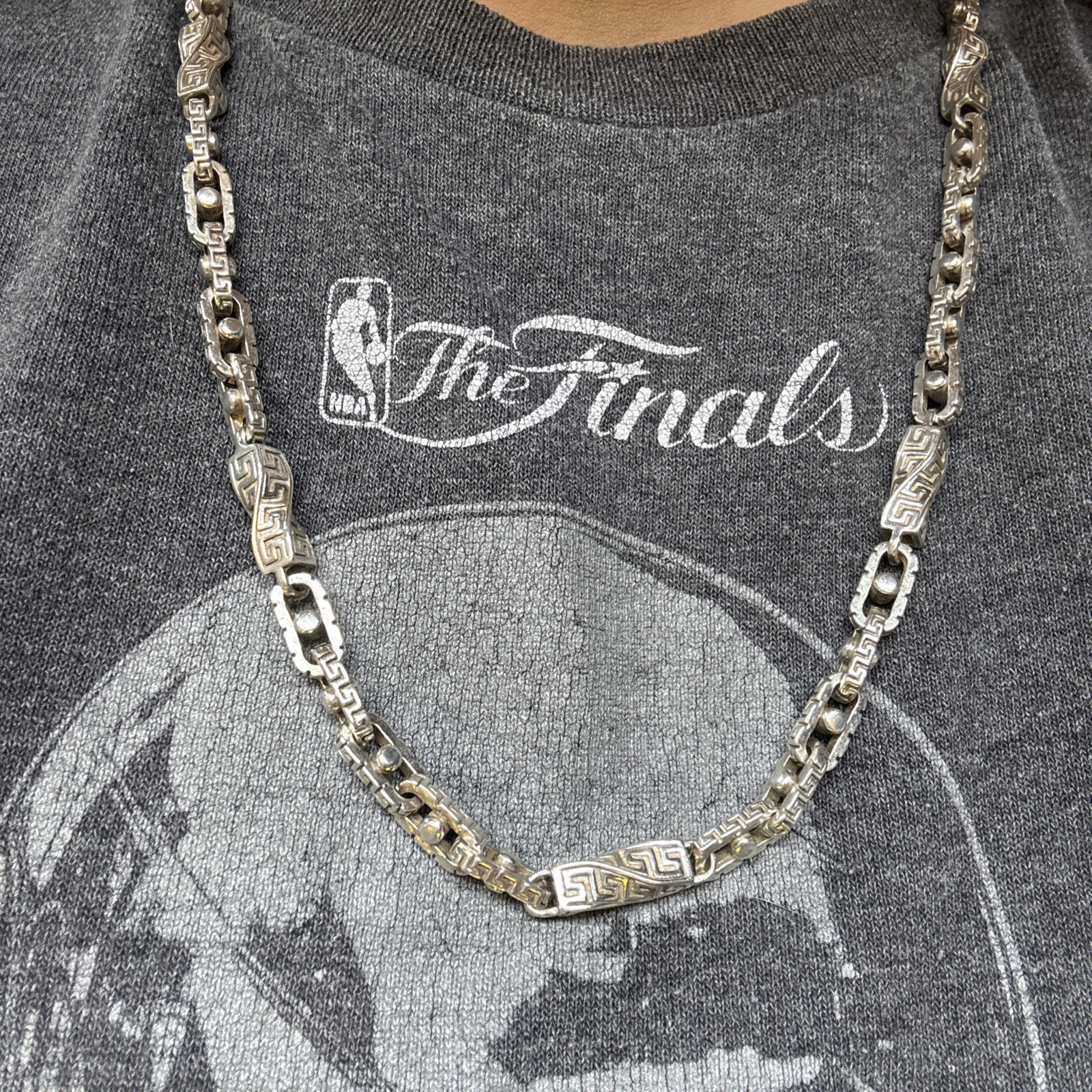 925 Sterling Silver Custom Greek Key Hermes Rolo Link Chain Necklace