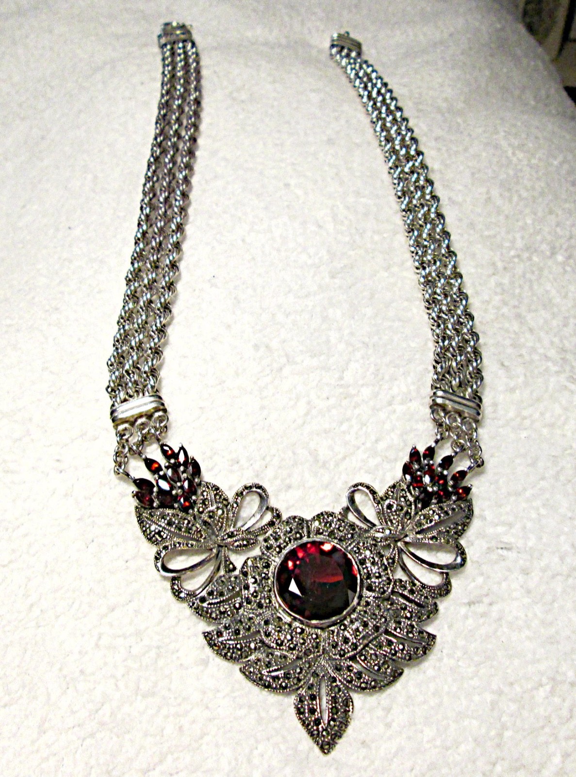 STATEMENT PIECE Sterling Silver Large GARNET MARCASITE Necklace STUNNING 76.7 G