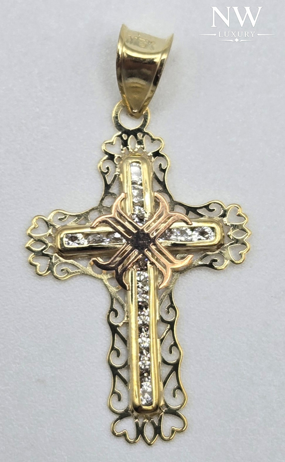 NEW Real 10K Yellow Gold 1in Cross Pendant, Pave CZ Stones, 3.5mm Bail