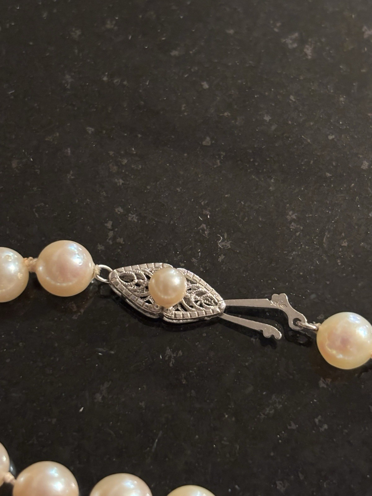 Vintage String of Cultured Pearls Necklace w/ 10k White Gold Filigree Clasp 16in