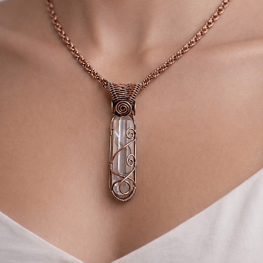 Handmade Clear Quartz Healing Crystal Necklace Copper Wire Wrapped Pendant