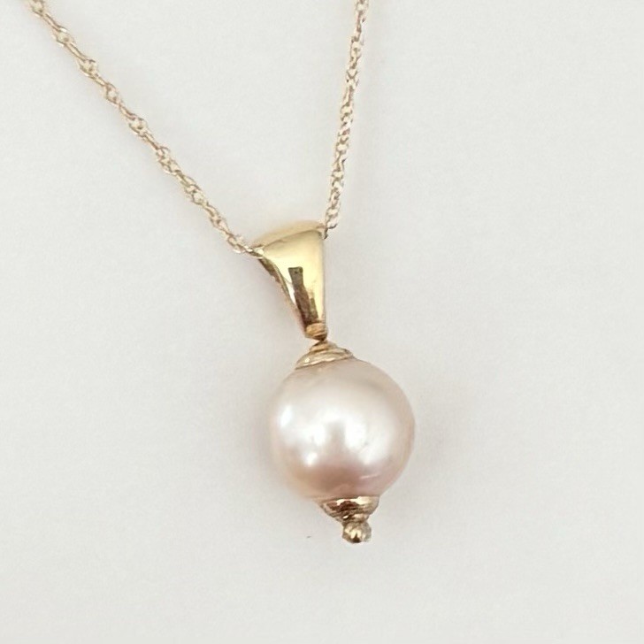 14K Yellow Gold Blush Pink Pearl Pendant Necklace 18″ Original Box