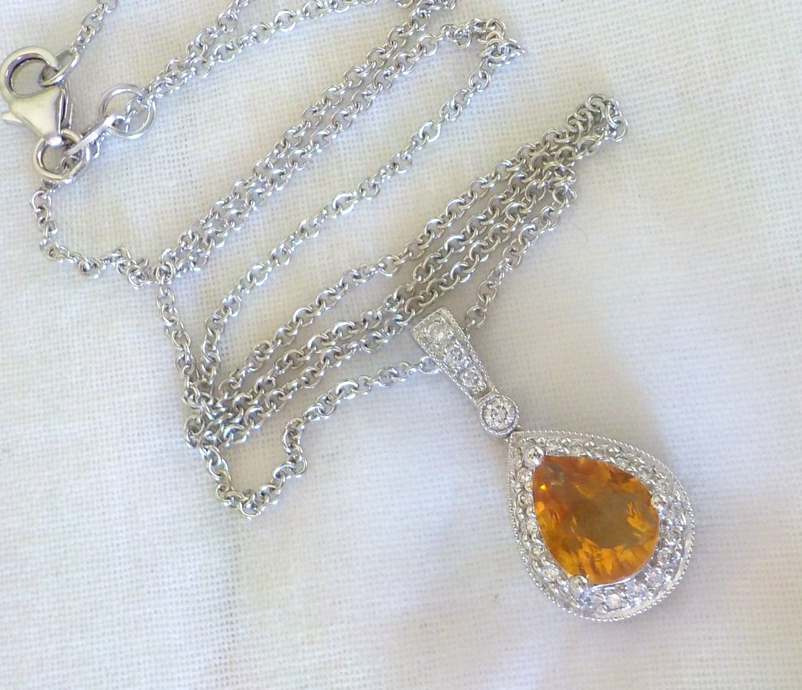 Modern 14K White Gold Citrine Diamond Halo Necklace – 5.46 gms, 16 in, 1.43 ctw